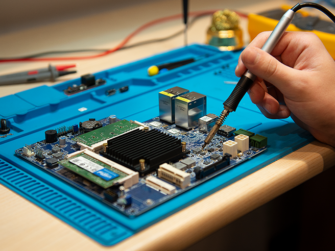 Serviceverkstad och tillverkning av produkter. Pågående lödning.