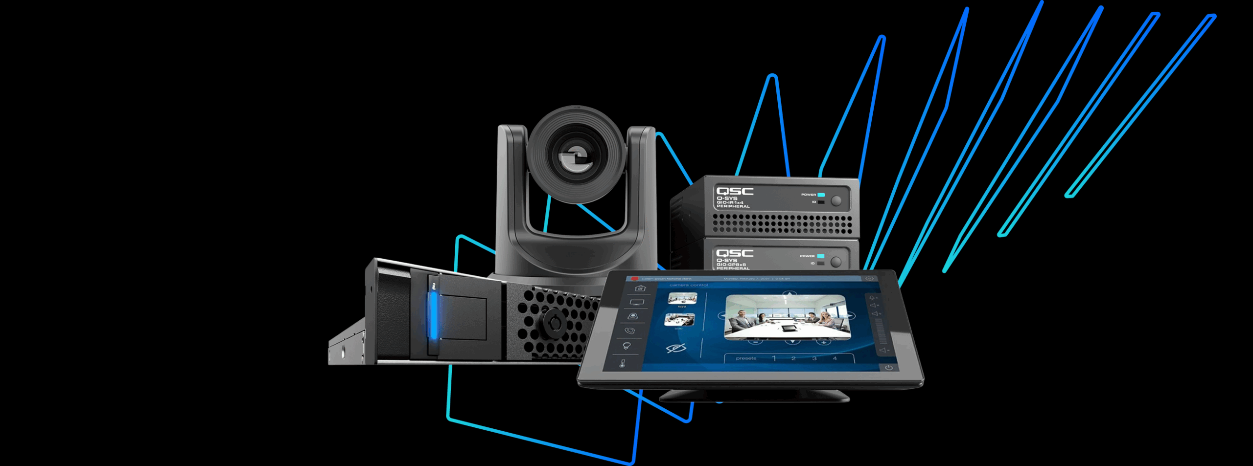 Omslagsbild med produktkollage Q-SYS